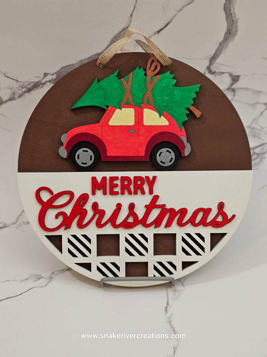 Volkswagen Christmas Sign Hauling a Christmas Tree Home - Merry Christmas 11" Sign